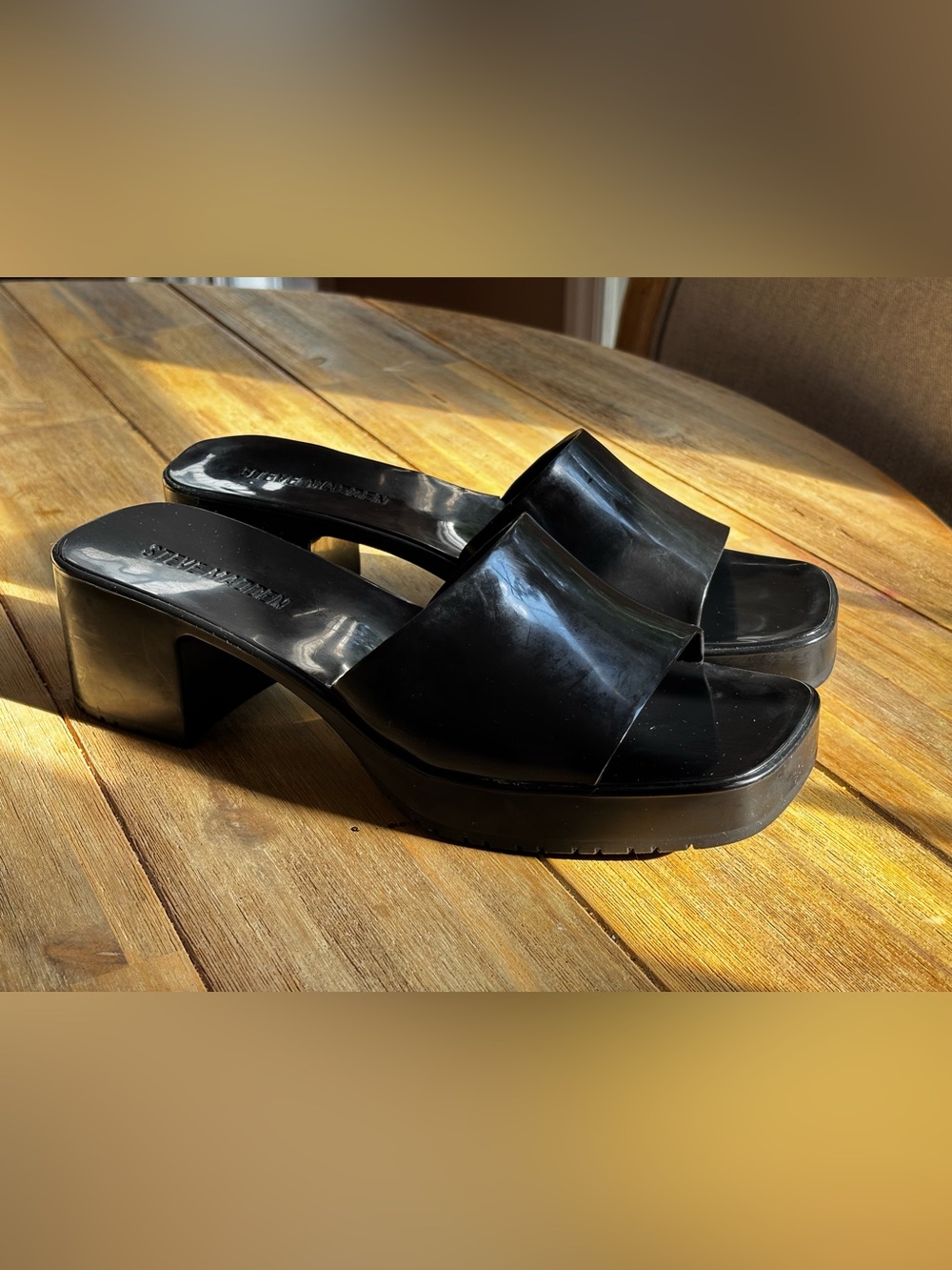 Steve Madden Black Glossy Platform Slide Sandals